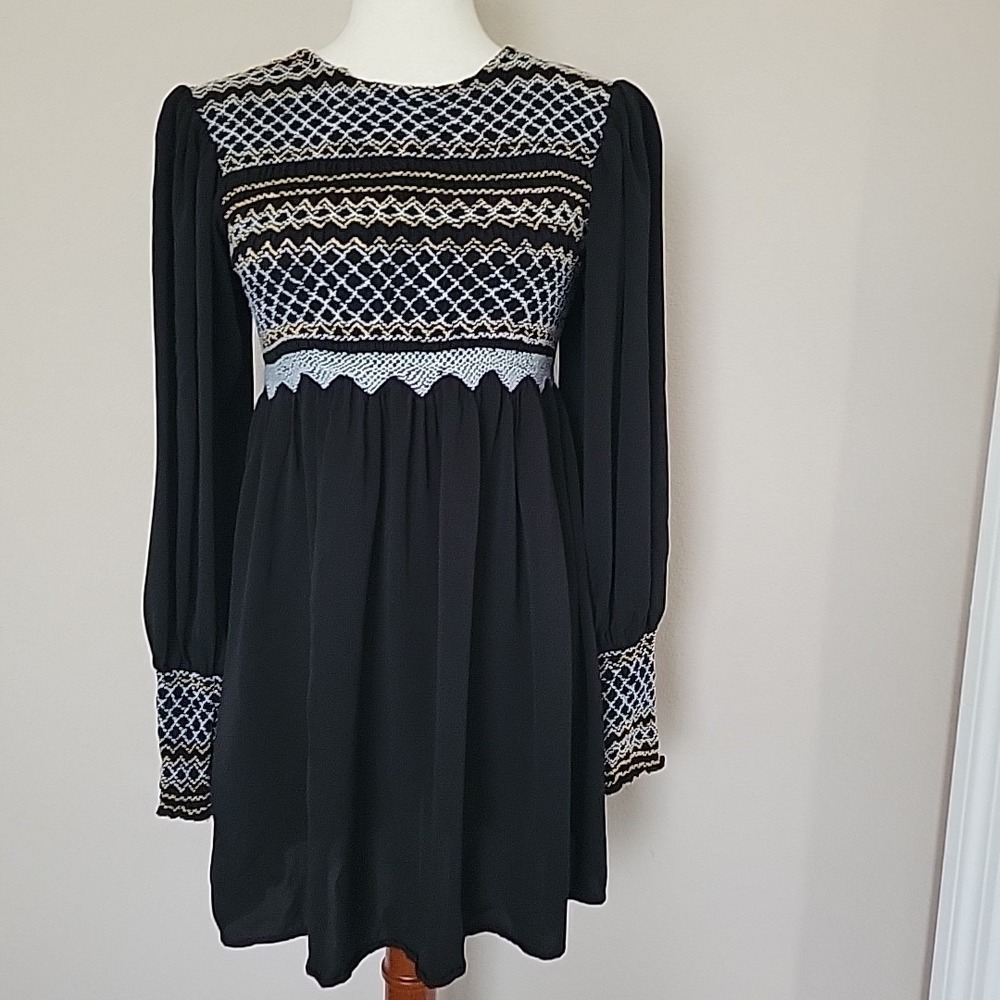 Free People Late Night Picnic Embroidered Smocked Babydoll Dress Size S Black